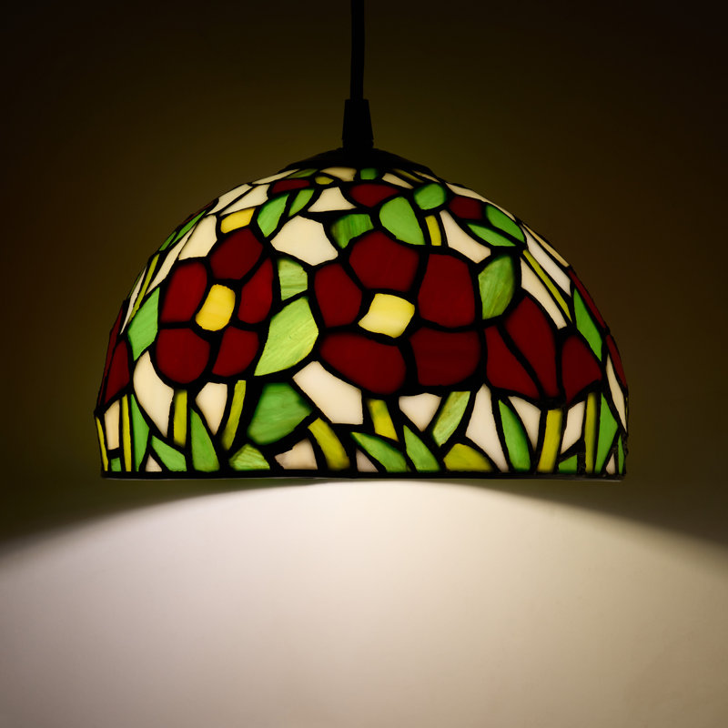 9.5"W Genevieve Red Flowers Stained Glass Dome Shade Pendant