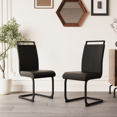 2Pcs Elegant Dining Chairs - Pu Faux Leather Upholstered, High Back With Tube, Black Metal Legs For Room, Kitchen, Office, Living Room Vibration Dampening Back, Tube Base Study Polished Accents