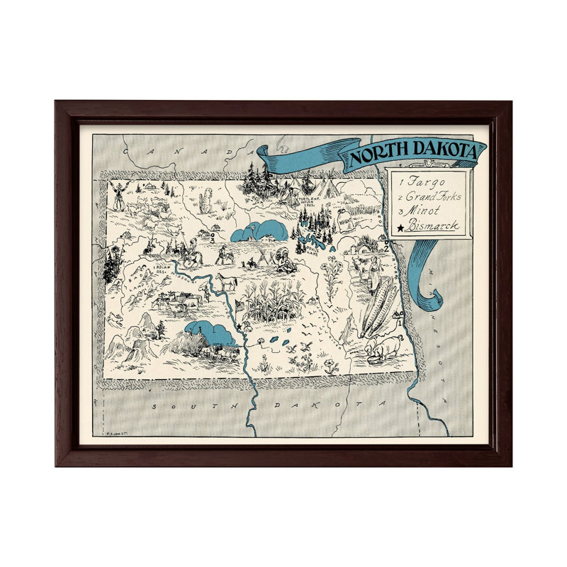 Carte illustrée de North Dakota, H 08 po x l 10 po, Canevas, Encadrement brun