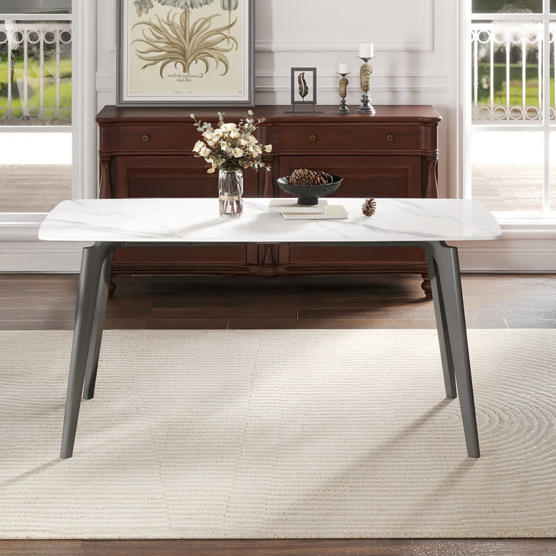63.82" Modern Rectangular Dining Table, Sintered Stone And Dark Grey Metal Legs, Stable Base, - Scratch, Table In Design, Surface, Accommodates 6, Heat