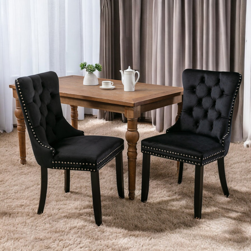 Miya Upholstered Velvet Dining Chair Button Tufted with Brushed Wood Legs Kitchen Lounge Chairs, Black, 2, Black