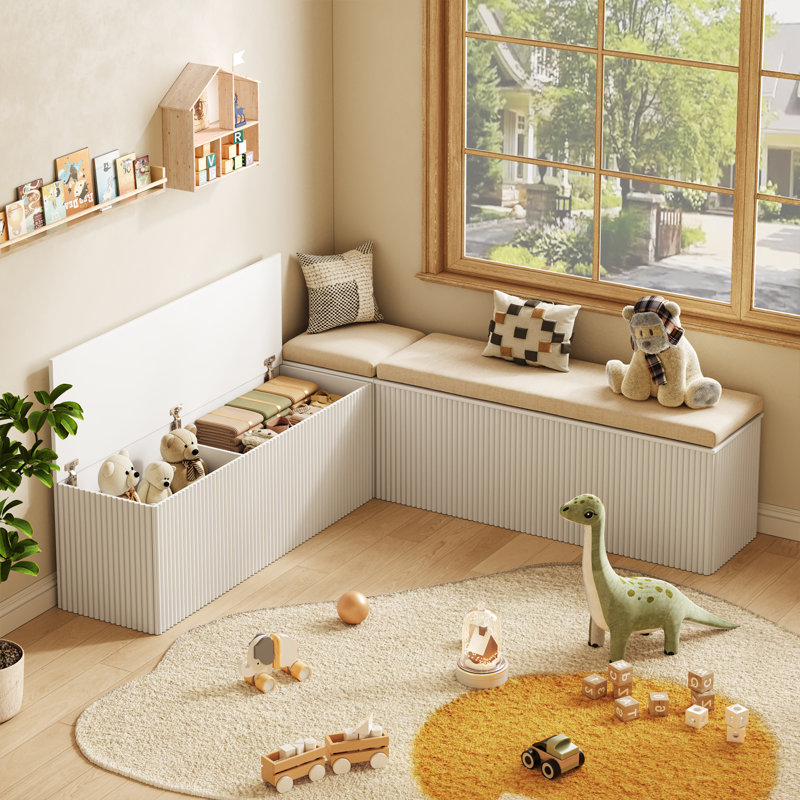 L-Shaped Corner Storage Bench With Cushioned Seating, Breakfast Nook Benches With Hidden Storage, White, White