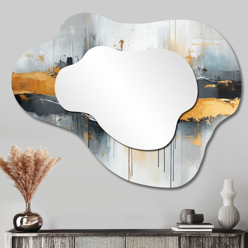 Minimalisme audacieux, paysage urbain Horizon I - miroir asymétrique irrégulier de paysage urbain, miroir mural industriel, imprimé sur métal