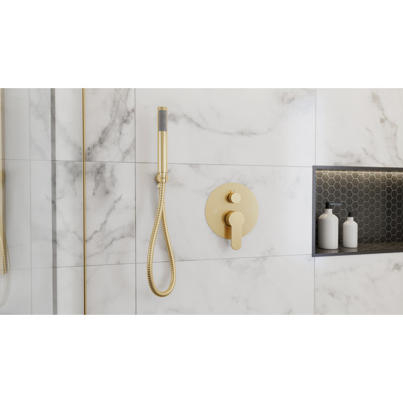 Mirage Rainfall Shower Set with Round Shower Head, Round Valve, and Wand Handshower, Brushed Brass, Brushed Brass