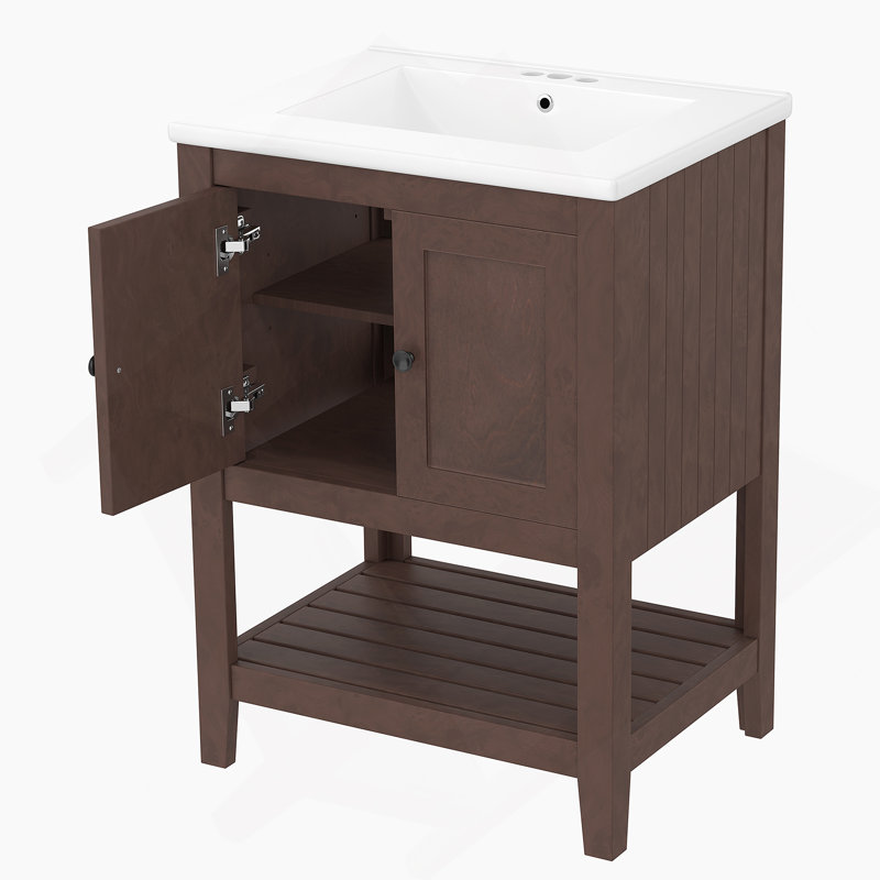 Lavabo de salle de bain élégant et moderne en céramique 24 po avec tablette ouverte et cadre en bois massif brun (OLD SKU: JL000004AAD-1)