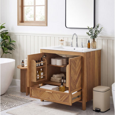 30‑Inch Freestanding Bathroom Vanity, Farmhouse Style Natural Acacia Wood Veneer Cabinet with Herringbone Chevron Detailing, Integrated White Ceramic Sink Top, Soft‑Close Doors and Full‑Extension Drawer for Bathroom Space