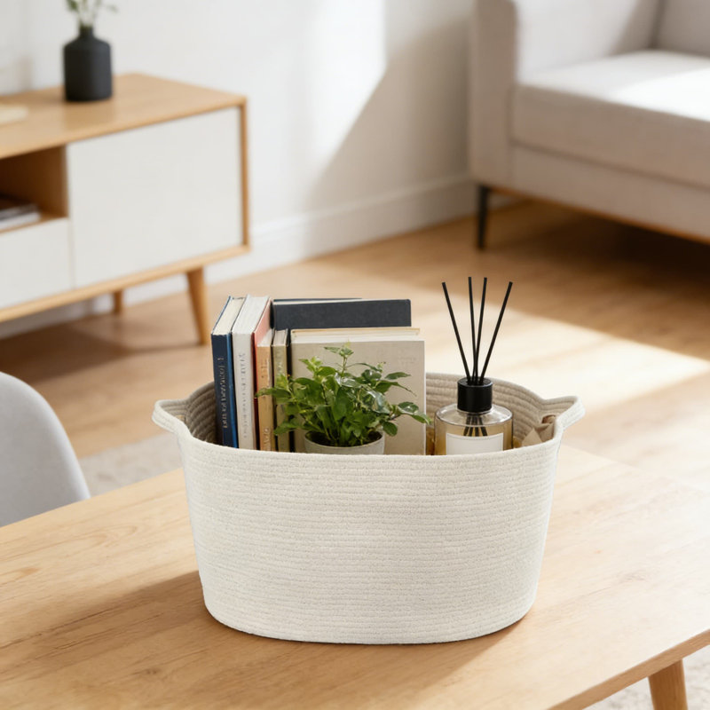 Large Woven Cotton Rope Storage Basket With Handles, Multi-Purpose Rectangular Organizer For Blankets, Toys, Laundry, And Home Decor