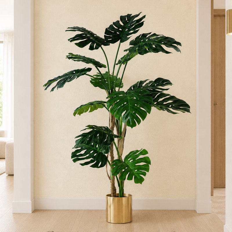 150cm Faux Monstera Tree in Metal Pot, Gold
