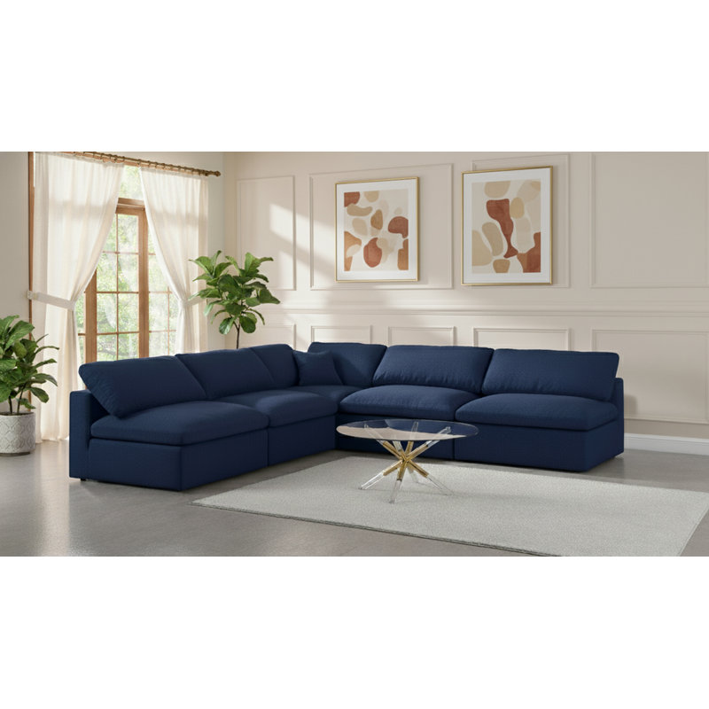 Burrows Upholstered L-Shaped Sectional Reversible, Navy Linen Textured Fabric