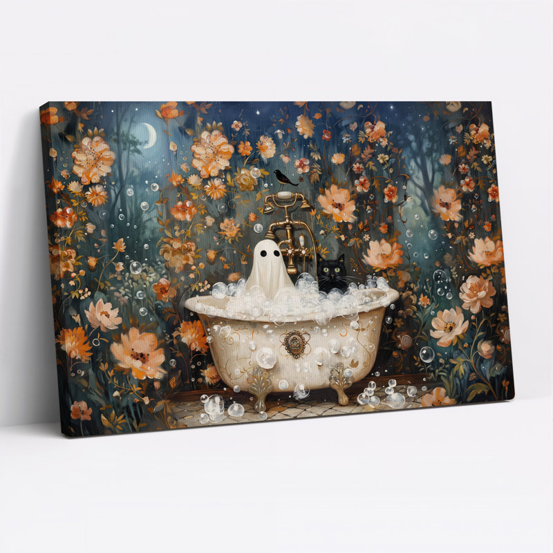 Art mural blanc sur toile avec fantôme blanc et chat noir dans la baignoire, 20"H x 30"W