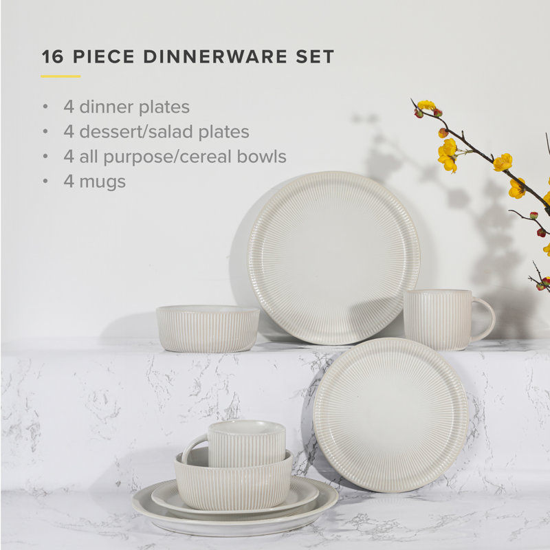 White Ceramic 16-Piece Embossed Dinnerware Set for 4