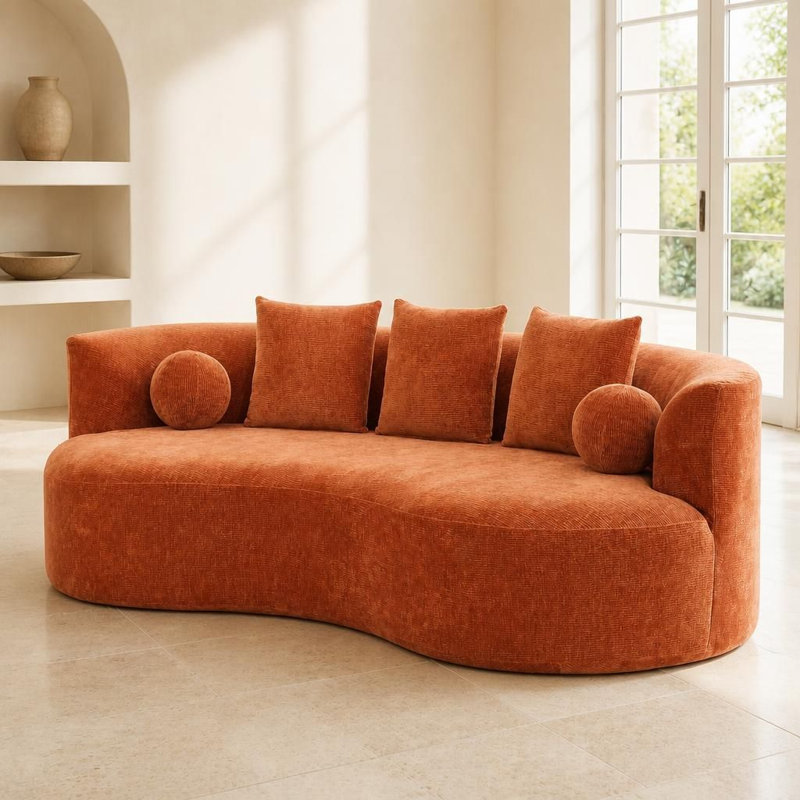 Canapé courbé recouvert de chenille moderne, canapé confortable généreusement rembourré avec une courbe sculpturale, Orange