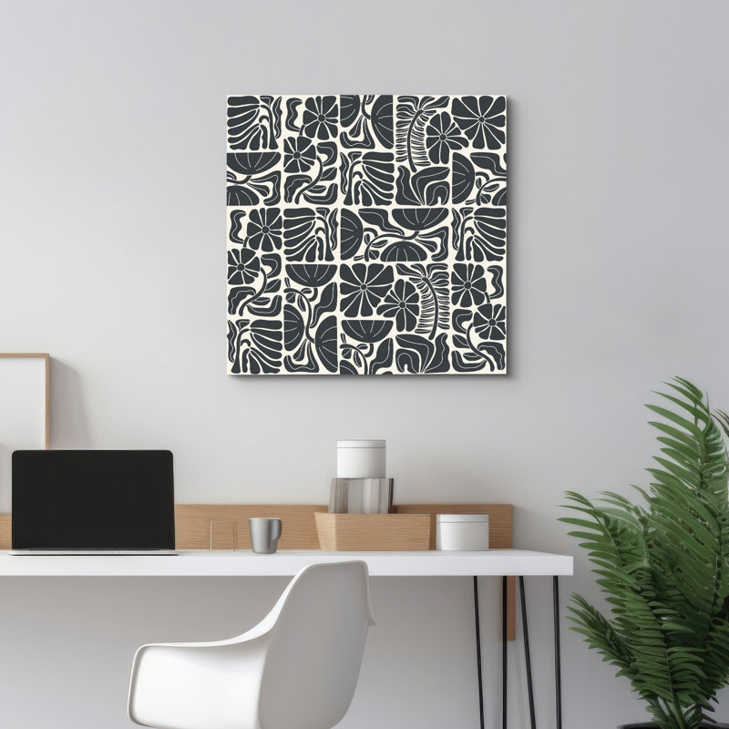 Abstarct botanique noir et beige, H 12 po x l 12 po, Toile tendue