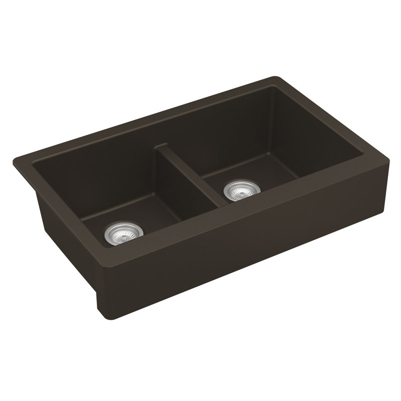 Karran Retrofit Farmhouse Apron Front Quartz Composite 34'' X 21-1/4'' 50/50 Double Bowl Kitchen Sink, Brown