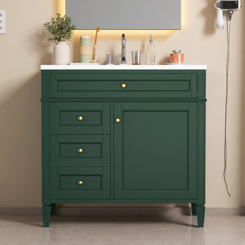 Meuble-lavabo moderne 36 po avec lavabo en céramique, tiroir coulissant et porte d'armoire, pieds romains, 2 tiroirs, capacité de 300 lb, robinet central de 4 po