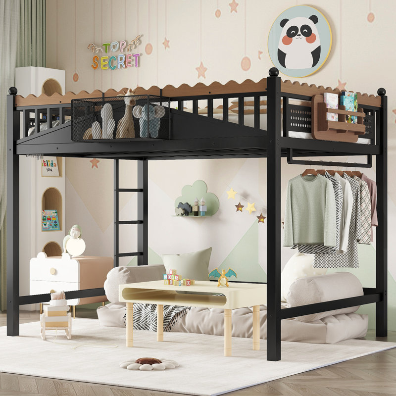 Full Size Metal Loft Bed with Ladder, Storage Shelves and Bookshelf, Space-Saving Twin Loft Bed Frame with Guardrails, No Box Spring Needed, Black