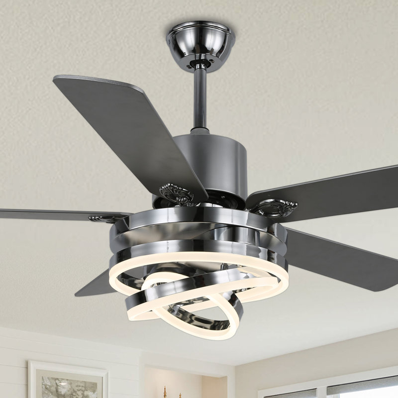 52'' Chrome Modern 5-Blade Ceiling Fan with Light and Remote Control, Quiet DC Motor 6-Speed Industrial Ceiling Fan for Living Room, Bedroom