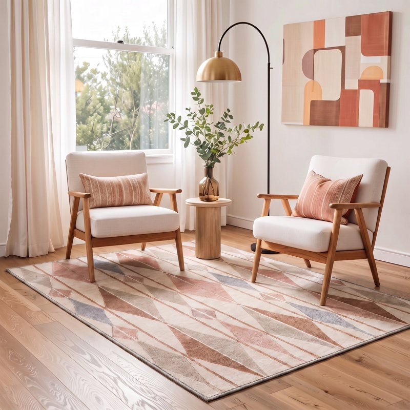 Tapis ivoire / rose moderne à motif géométrique performant et antidérapant, Rectangle 5 pi x 7 pi
