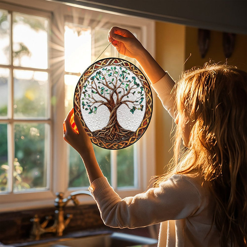 Vitrail pour fenêtre Celtic Tree Of Life, 9,8 x 9,8 po (25 x 25 cm)