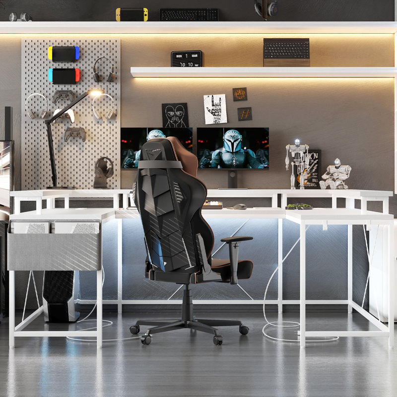 Bureau d'ordinateur de jeu en forme de U et de L 126 po réversible avec support pour écran intégré, bande d'éclairage à DEL et prises de courant intégrées, grand poste de travail multi-coins pour le jeu, la diffusion en continu et l'installation de bureau à domicile
