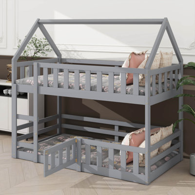 Twin Over Twin House Bunk Bed With Fence And Door
