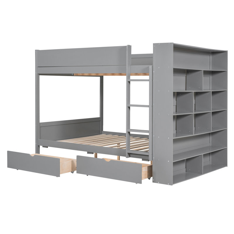 Full over Full Bunk Bed with Drawers & Multi-Layer Storage Cabinet – Space-Saving Solid Wood, Gray, Gray, Full Over Full