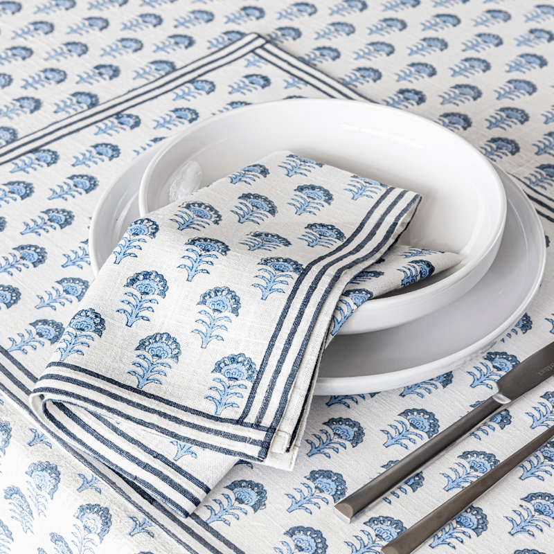 Hand-Screened Blue Flower Cotton Rectangular Tablecloth 70x90
