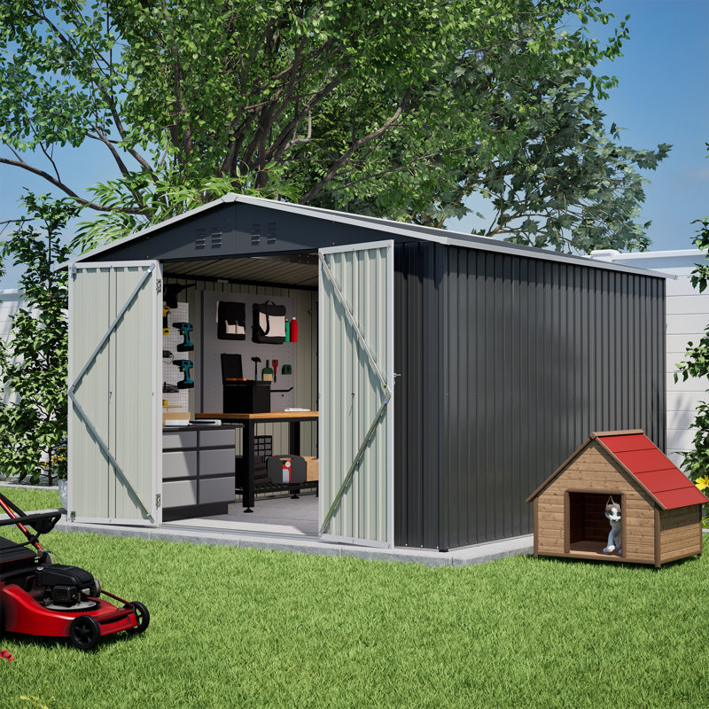 Grande remise extérieure en métal 10 pi x 10 pi - Cadre robuste et portes doubles verrouillables, remise utilitaire toutes saisons pour la cour, la pelouse, les outils et l'équipement de patio