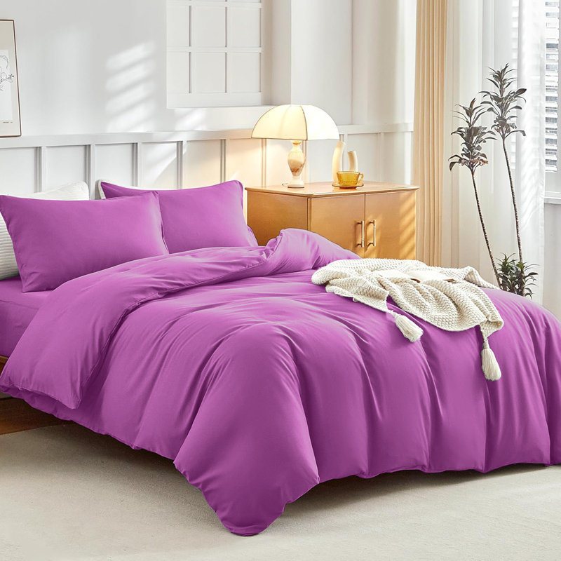Super Soft Microfibre Reversible Plain Duvet Cover Set, Single Duvet Cover Set + 2 Pillowcases, Purple