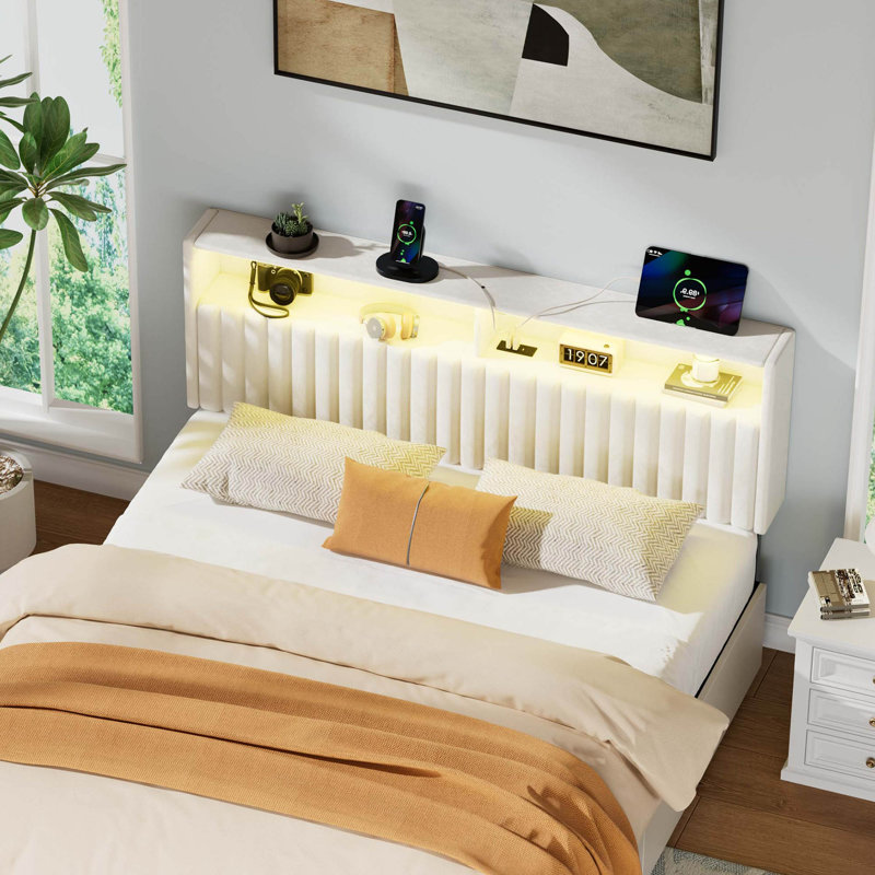 Berte Storage Upholstered Headboard With RGB LED Lights & Charging Station, White Velvet, Queen