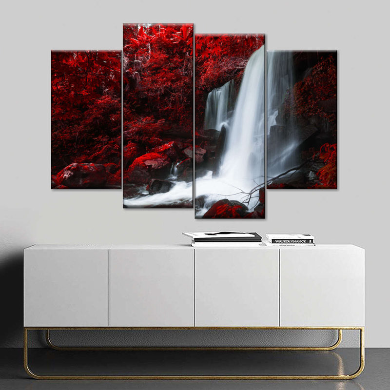 Chute d'automne rouge sur toile, ensemble de 4 pièces, H 22 po x l 36 po x P 1 po