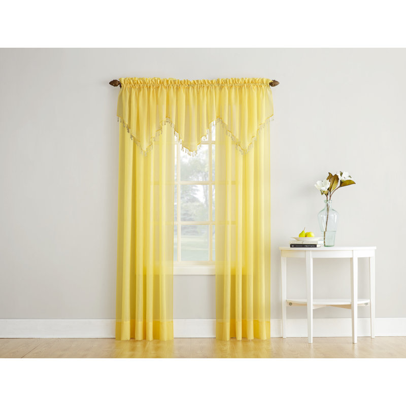 Cantonnière Ascot en voile transparent froissé à pampilles et à perles Mardis, Jaune