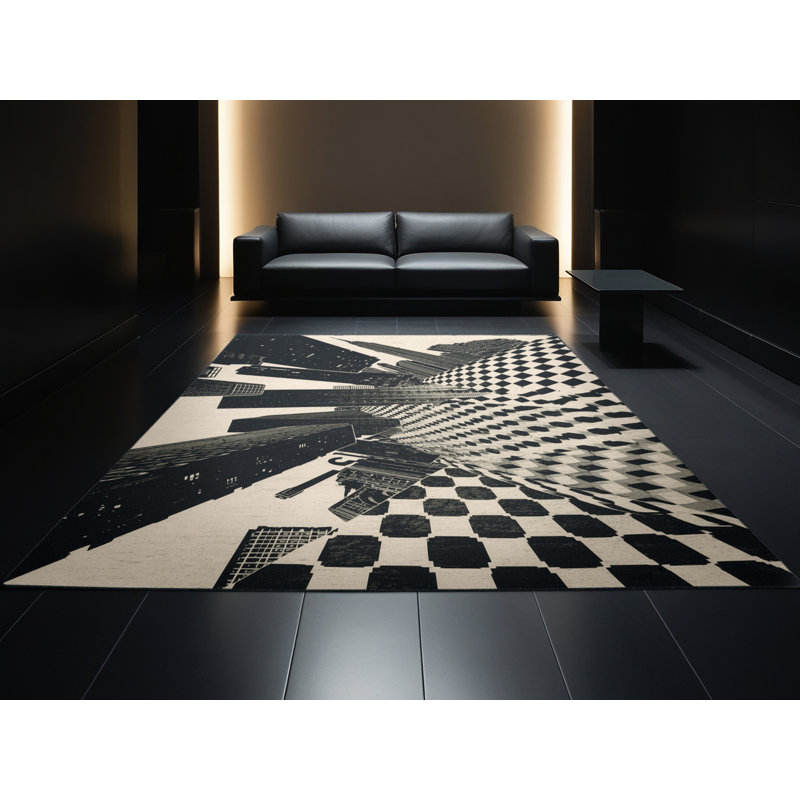 Machine Washable Paizlei Sao Paulo Skyline Modern & Contemporary Checkered Rug in Black – Black Binding, 8x12