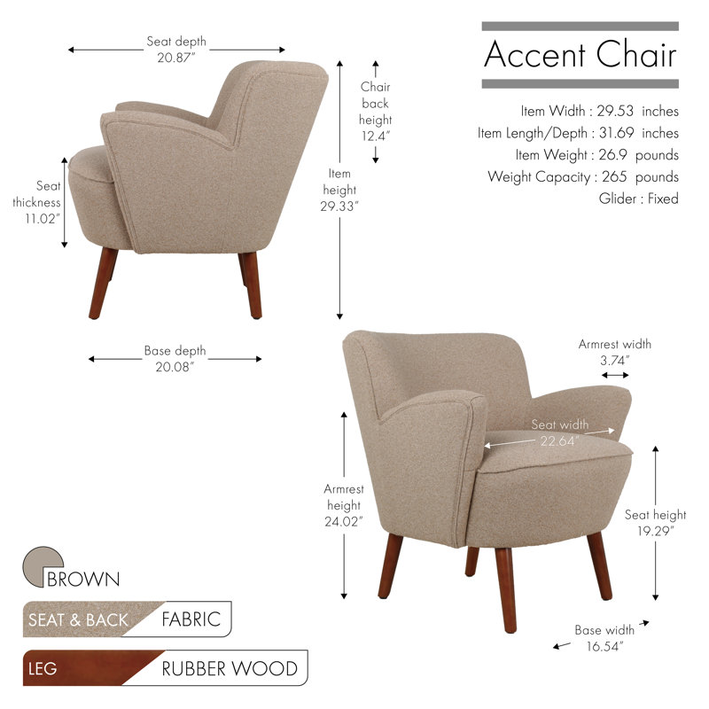 Jeovoni Fabric Accent Chair with Rubberwood Legs, Brown Polyester Blend