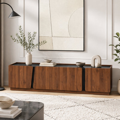 Modern TV Stand Storage Cabinet with Rounded Corners, Marble Contrast Top & Adjustable Interior Shelves
