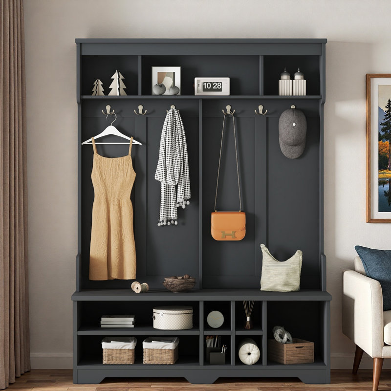 Modern Hall Tree With Metal Hooks, 3 Compartments, Shoe Cubbies And Wide Bench, Black