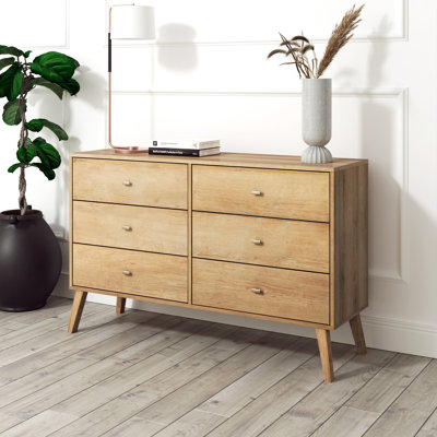 Breux Mid-Century Modern 6-Drawer Double Dresser for Bedroom, Wide Chest of Drawers, Contemporary Bedroom Furniture, 16.75" D x 52.50" W x 33" H, Oak