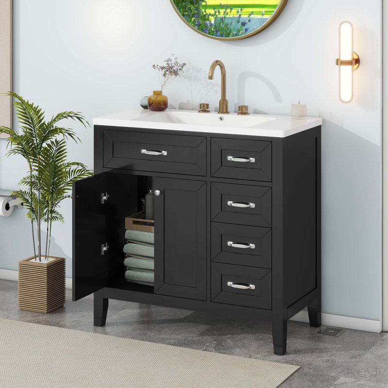 Falon 35.98'' Single Bathroom Vanity with Ceramic Top, Black