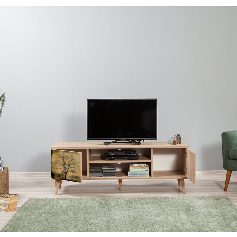 Meuble télé scandinave avec plusieurs tablettes, finition chêne sonoma, 55,1 po x 19,7 po x 15,7 po | 100% panneau de particules enduit de mélamine, revêtement UV | Pieds de charme durables, solution de rangement murale et élégante