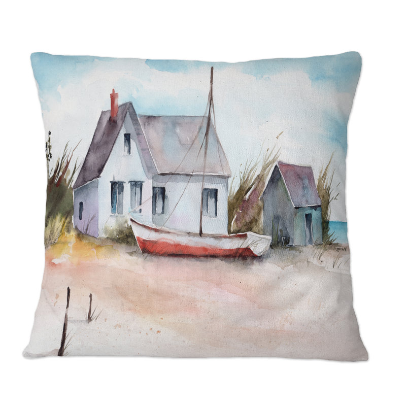 Maison avec petit bateau sur une plage I - Coussin décoratif imprimé nautique et côtier, 18 po x 18 po
