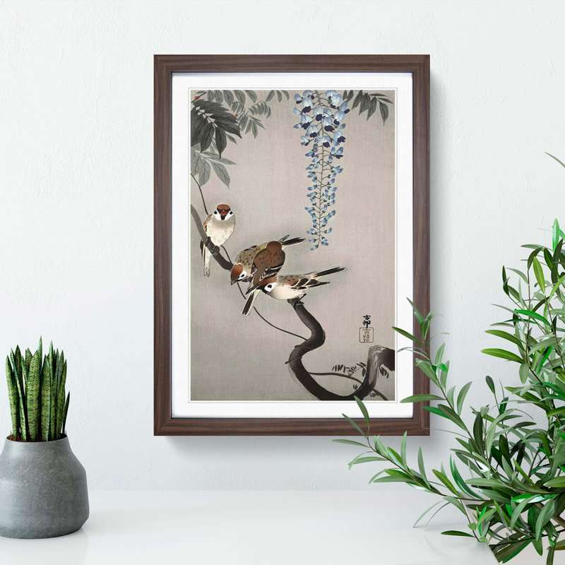 Sparrows at Wisteria by Ohara Koson - Picture Frame Painting Print, Walnut Framed, 48cm H x 36cm W x 2cm D