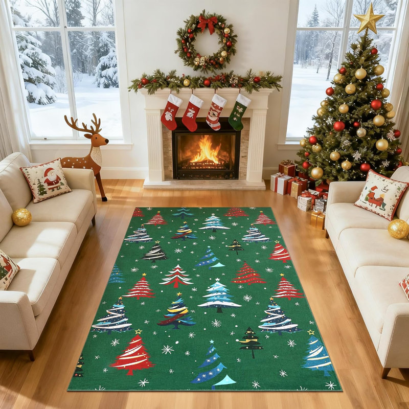 Runner Rug, Washable Rug for Home Decor, Indoor Non Slip Carpet, Soft Low Pile Christmas Rugs with Xmas Tree Motif for Kitchen, Entryway, Living Room, Bedroom