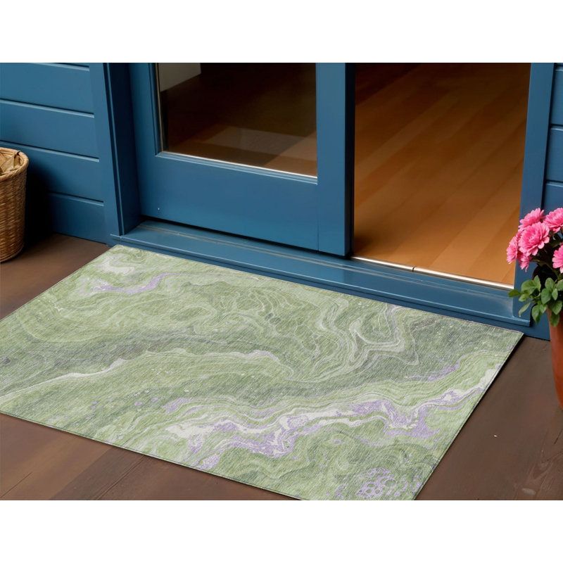 Tapis d'intérieur lavable abstrait vert artichaut lavande et ivoire 3 pi x 5 pi