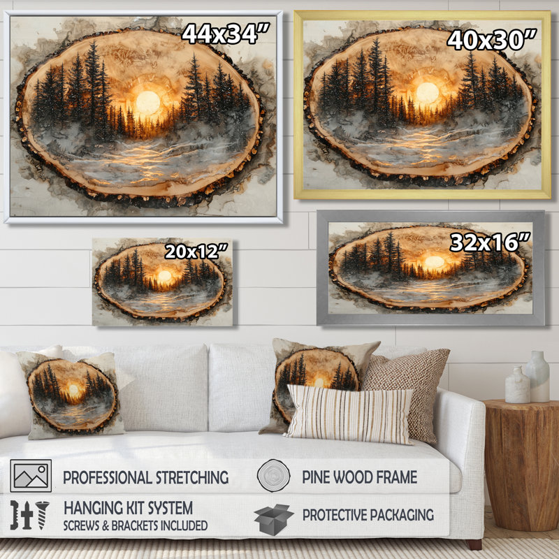 «Getzel Sunrise Pine Tree on Wooden Tree Slide II», art mural sur toile forêt, H 28 po x l 60 po, Argent argent