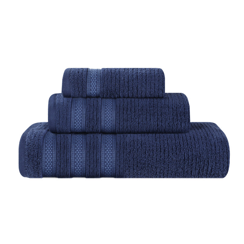 Hershal Zero Twist Cotton Ribbed Modern Geometric Border Soft 3 Piece Bathroom Towel Set, Navy Blue