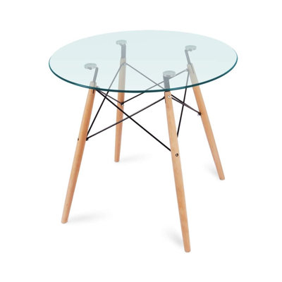 Lorel Round Glass Top Solid Wood Base Dining Table