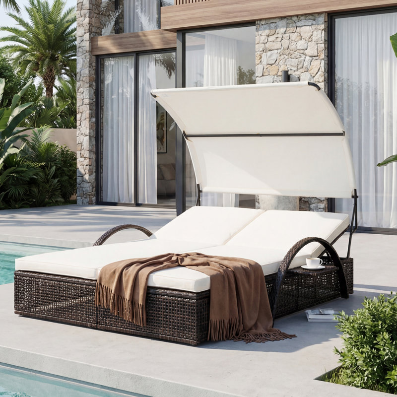 Double méridienne d'extérieur Structure en acier avec dossier réglable et table d'appoint cachée, Beige