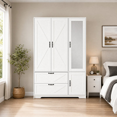 Armoire 4 portes avec miroir, armoire à DEL avec portes et 2 tiroirs, armoire de rangement en bois avec tringle, tablettes réglables, blanc