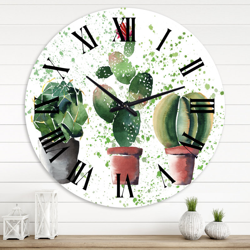 Three Cacti In Clay Pots - Horloge murale traditionnelle, Surdimensionné