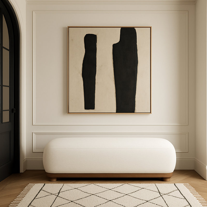 Banc en tissu Calum Chenille, Tissu chenille crème, Noyer